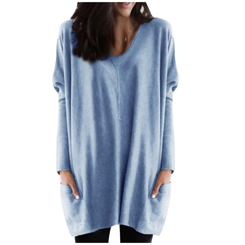 JAYCOSIN женская футболка с длинным рукавом с v-образным вырезом свободная футболка Женская осенне-Весенняя Топы Пуловер Женская футболка плюс размер S-5XL 19SEP7 - Цвет: BU