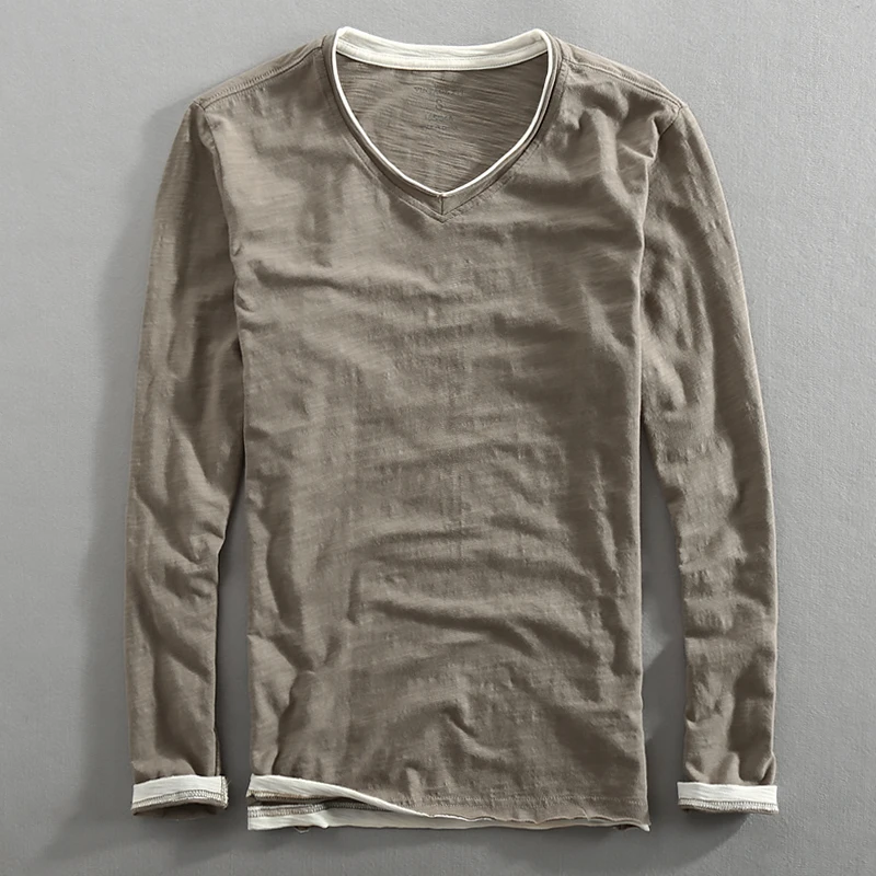 Online Men Spring Autumn Fashion Brand China Style Bamboo Cotton Fake Two Pieces V neck Long Sleeve T shirt Male Casual Thin Tee Tshirt