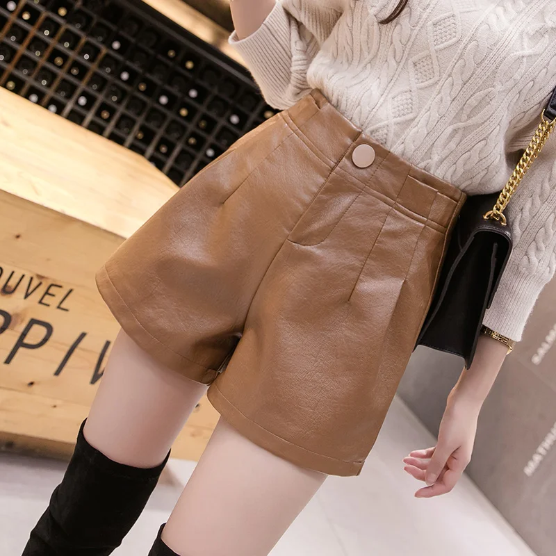 

PU Leather Shorts Women Autumn Winter 2020 New Korean Style High Waist Slim Wide Leg Shorts Loose Casual Boots Shorts