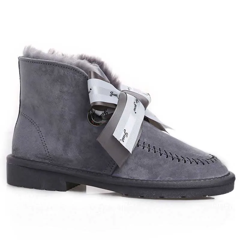 GRWG High Quality Genuine Leather Women Snow Boots Natural Fur Winter Boots Women's Fashion Ankle Boots Wool Women Shoes - Цвет: GREY