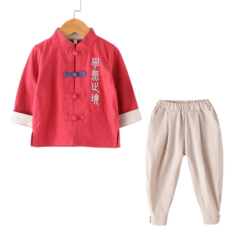 Хлопковый льняной комплект однотонного цвета с принтом; одежда для детей в национальном стиле; Детский костюм в стиле династии Тан для мальчиков; осенняя одежда для маленьких девочек; Hanfu Guoxue