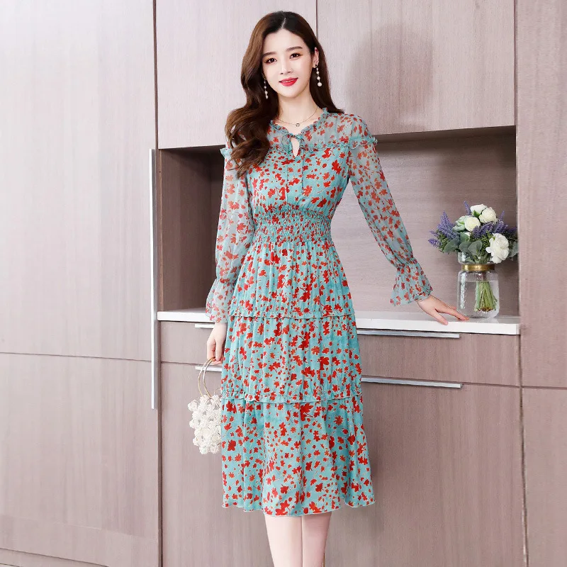 

2020 Spring Korean-style Elegant by Age Dress Goddess-Style Ladies' Waist Hugging Slimming Printed Mid-length Skirt