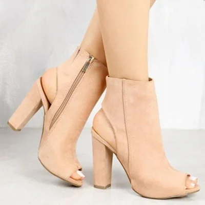 

SZSGCN428 New Ankle Boots Faux Suede Leather Casual Open Peep Toe High Heels Zipper Fashion Square Rubber Black Shoes For Women