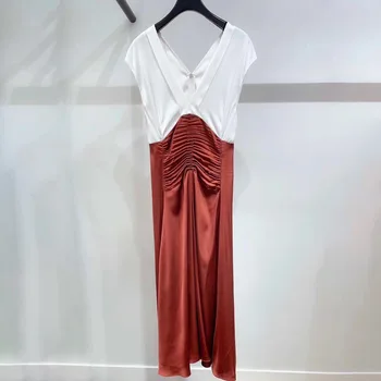 

French Elegant 2020 V Collar Folds Drawstring Waist Contrast Color Women's Wear Dress 190414