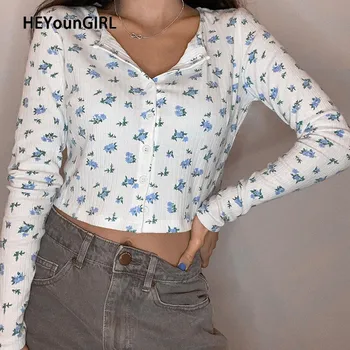 

HEYounGIRL Floral Print Casual White Cropped Tshirt Women Fashion Long Sleeve Tee Shirt Femme Buttons Cardigan T-shirt Ladies