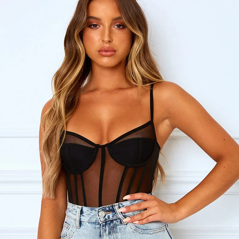 Sytiz Sexy See-through Low Chest Bodysuit 2020 Fashion Women Summer Backless Mesh Spaghetti Strap Bodysuit Party Clothes