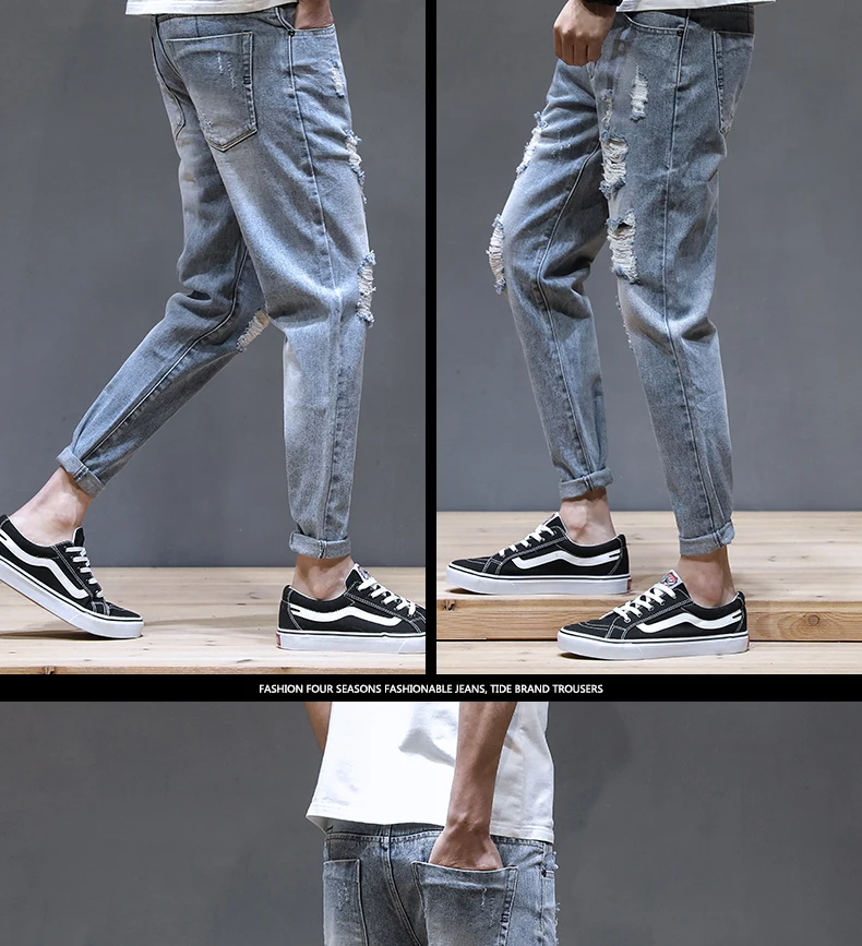 Брендовые джинсы Рваные, с дырками, с потертостями, большие размеры 28-36, корейские модные повседневные узкие брюки по щиколотку, homme, джинсы из денима