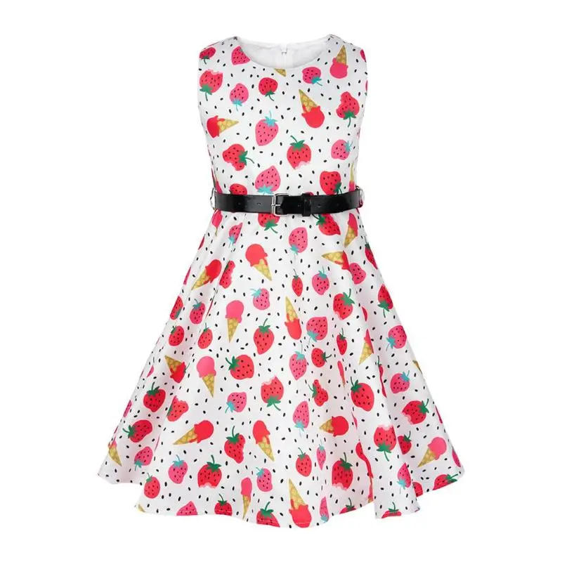 Восхитительное детское платье для девочек, летнее Хлопковое платье с круглым вырезом и рисунком клубники для девочек+ пояс, стильные платья без рукавов для малышей