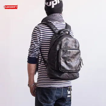 

Vintage Genuine Leather Men Backpack Travel College Shoulder Bag Laptop Backpacks Male Soft Black Large Capacity 15 Inch