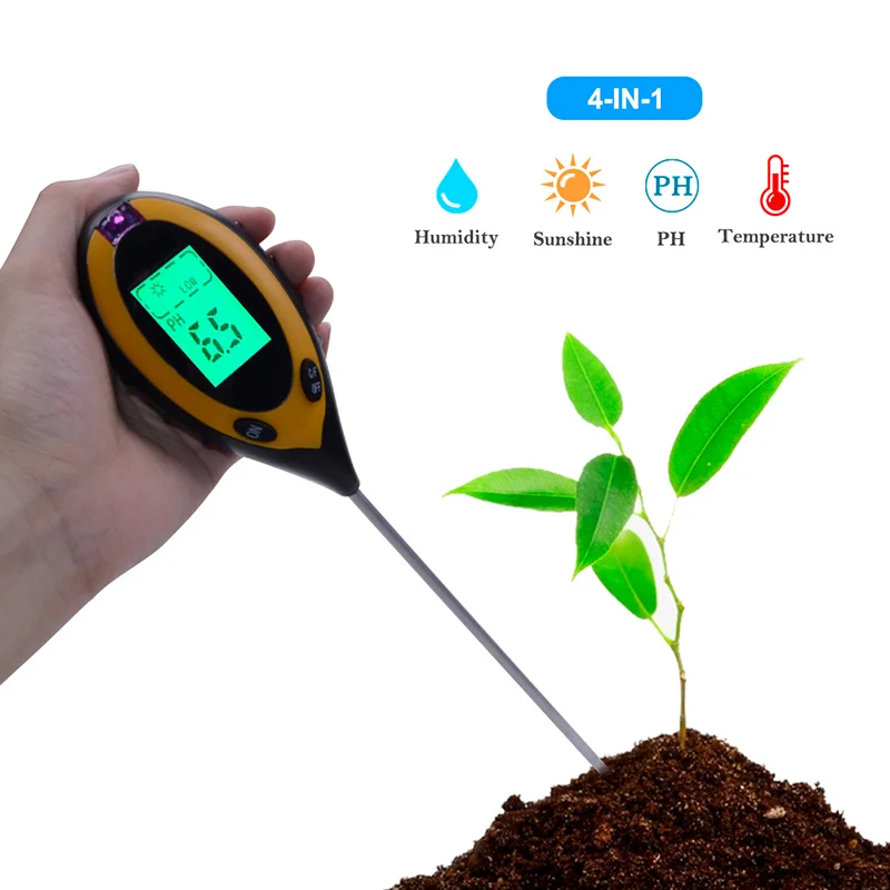 

4 In 1 Digital PH Meter Soil Moisture Monitor Temperature Sunlight Tester For Gardening Plants Humidity Detector Gardening Tool
