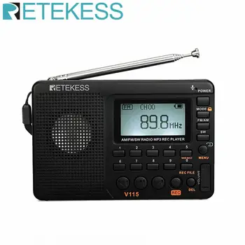 RETEKESS-receptor de Radio de bolsillo V115, Radio AM, FM, SW, altavoz de onda corta, receptor de Transistor, tarjeta TF, grabador USB, tiempo de reposo