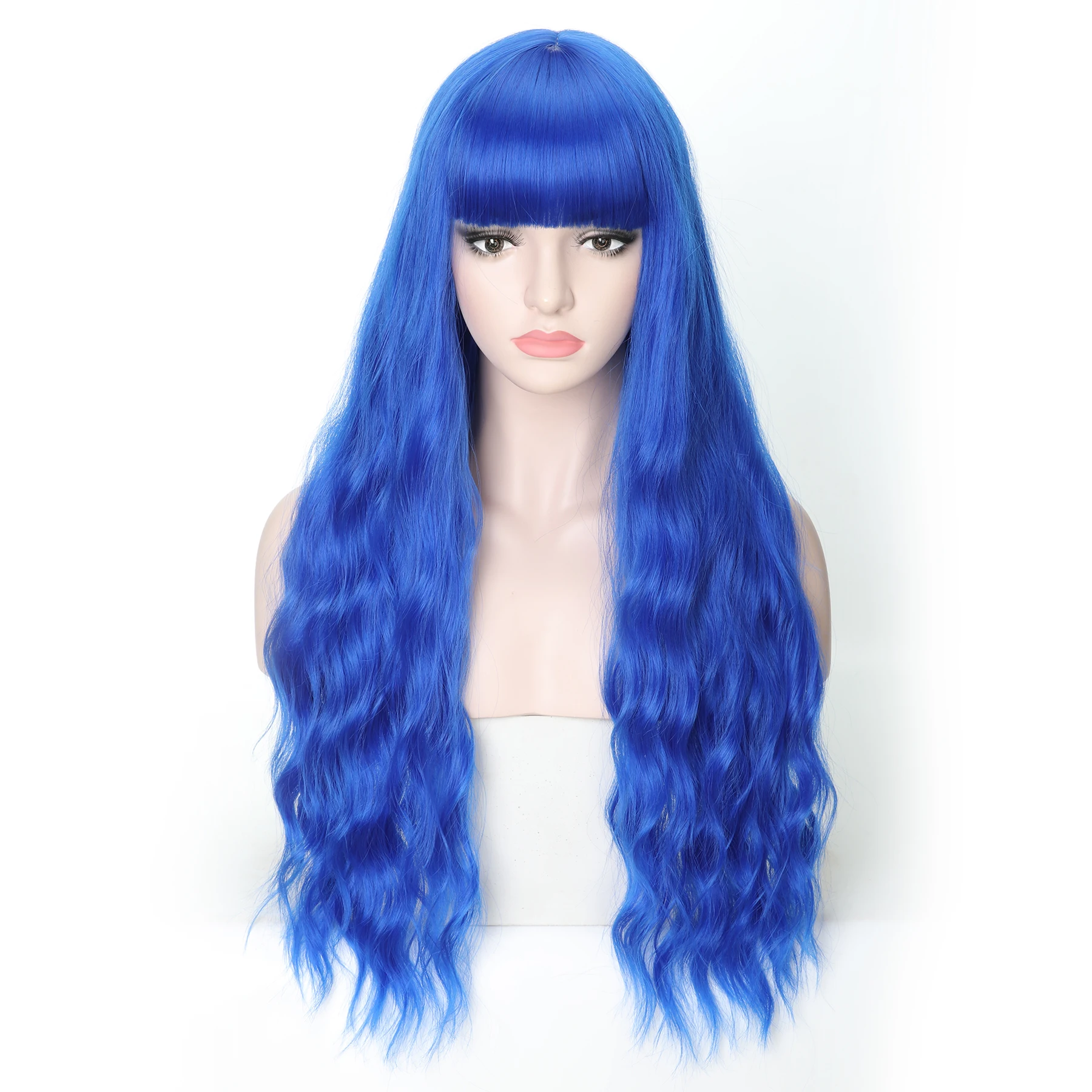 

LANYI Hair 28 inch Long Wavy Blue Synthetic Hair Wigs with Bangs For Women Cosplay Daily Use Wigs Heat Resistant lolita fashion