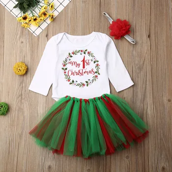 

Pudcoco Newborn Baby Girl Clothes My 1st Christmas Print Long Sleeve Romper Tops Mini Tutu Tulle Skirt 2Pcs Outfits Clothes Set