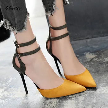 

2020 Fashion Women Pointed Straps High Heels Suede Mix Color Buckle Sandals Women's Dress Shoes