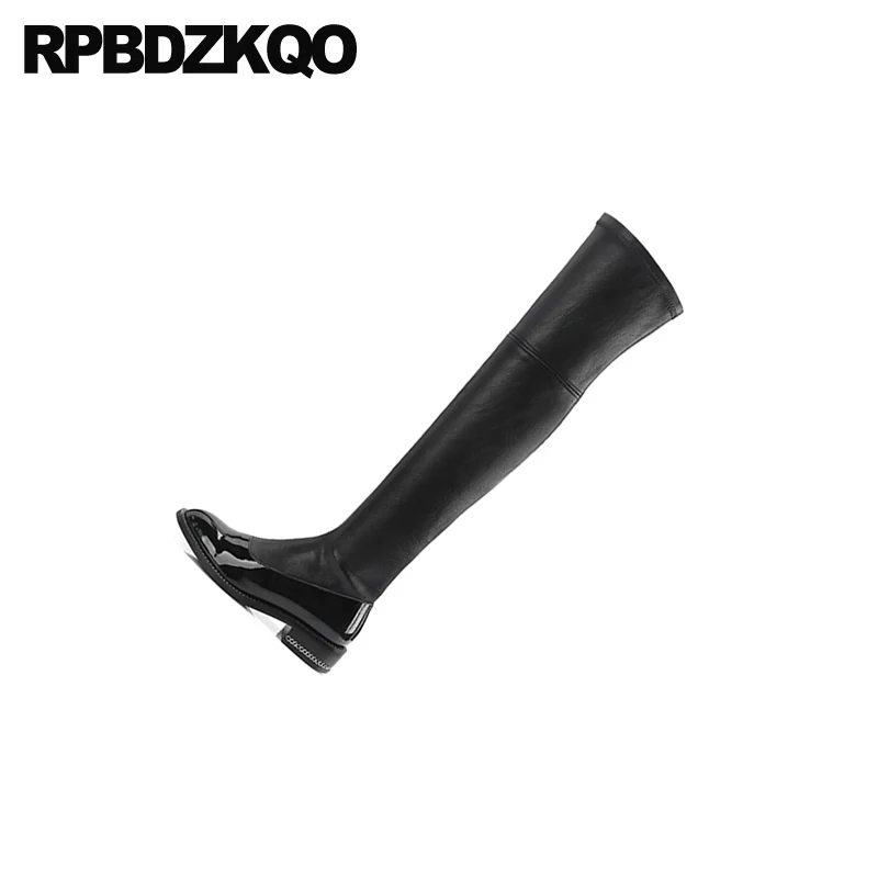 shoes casual genuine leather long side zip boots round toe tall patent chunky european over the knee winter black autumn women