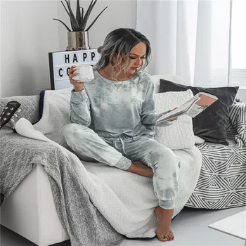 

2020 New Lady Tie-Dye Pullover Long Sleeve Tracksuit Home sleepwear Losse Elastic Waist Pants Pajamas