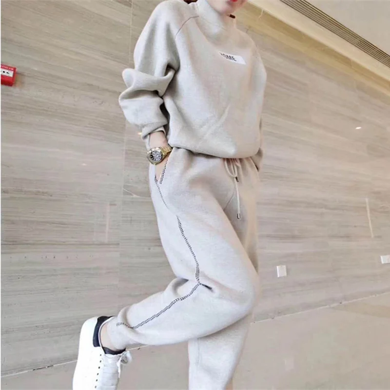 Ceny 2019 jesienno zimowy wełniany i kaszmirowy, dzianinowy ciepły garnitur O sweter z kołnierzem + spodnie haremowe luźny styl dwuczęściowy zestaw damski dzianinowy