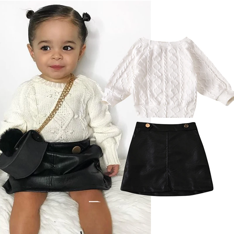 

2020 New Children Clothing Autumn Winter Girls Clothes Sets Round Neck Twist Knit Pullover Loose Sweater+Leather Skirt 2pcs Suit