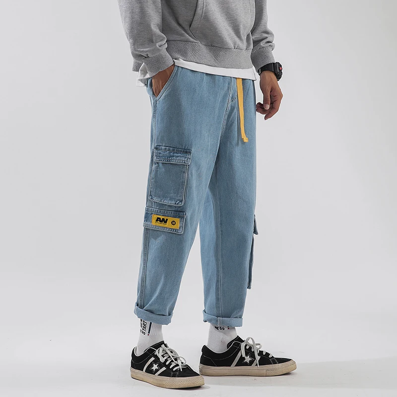 

2019 Men's Baggy Homme Haren Pants Cargo Pocket Wash Jeans Loose Cowboy Trousers Male Blue Casual Pants Plus Size M-3XL