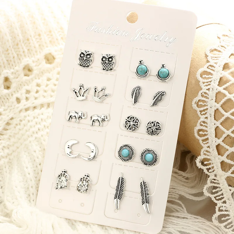 10Pairs/set Women Boho Silver Turquoise Earrings Set Jewelry Owl Crown Ear Stud