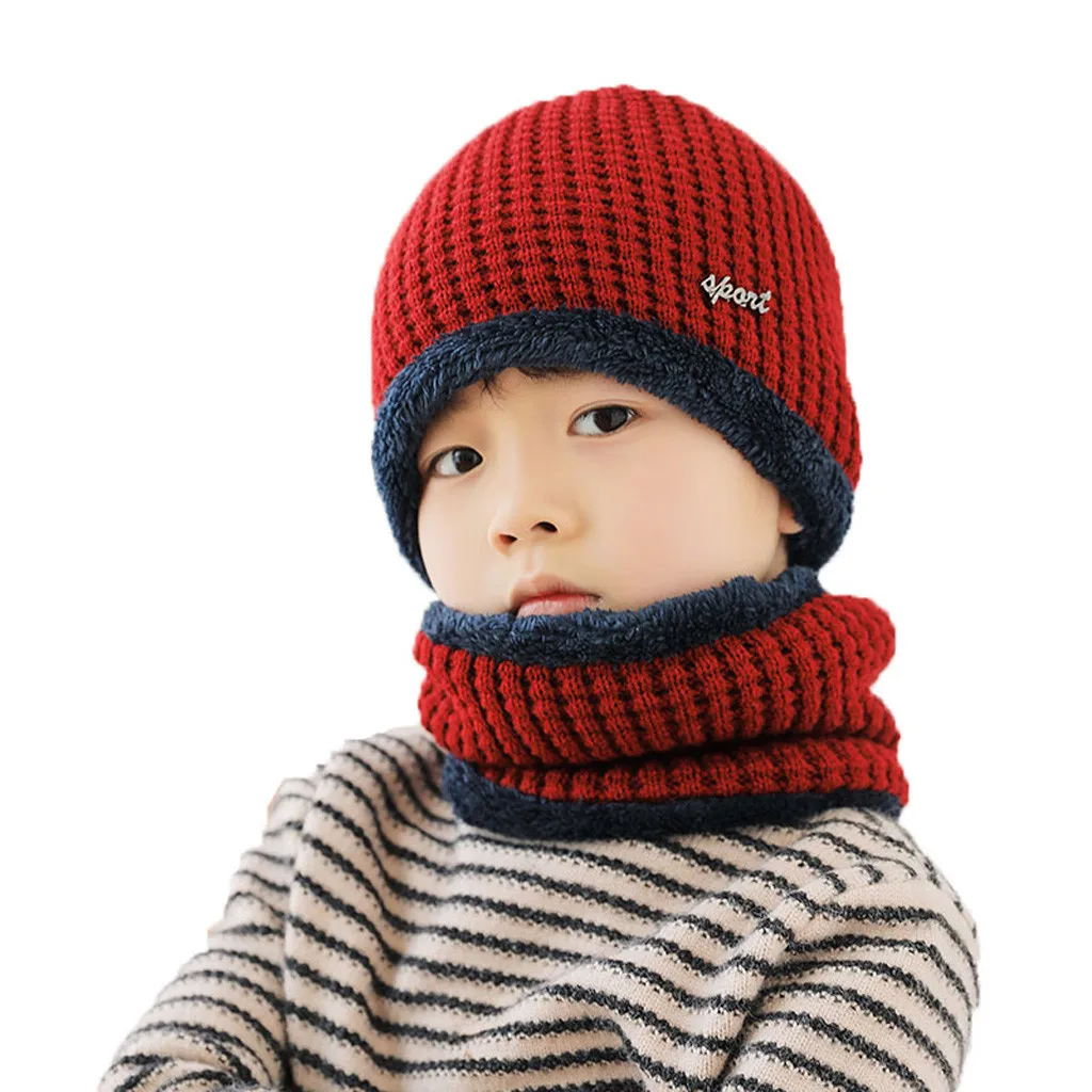 Вязаная теплая зимняя шапка для детей, флисовые зимние шапки контрастных цветов для детей, шапка+ шарф, комплект из двух предметов, Gorros Mujer Invierno