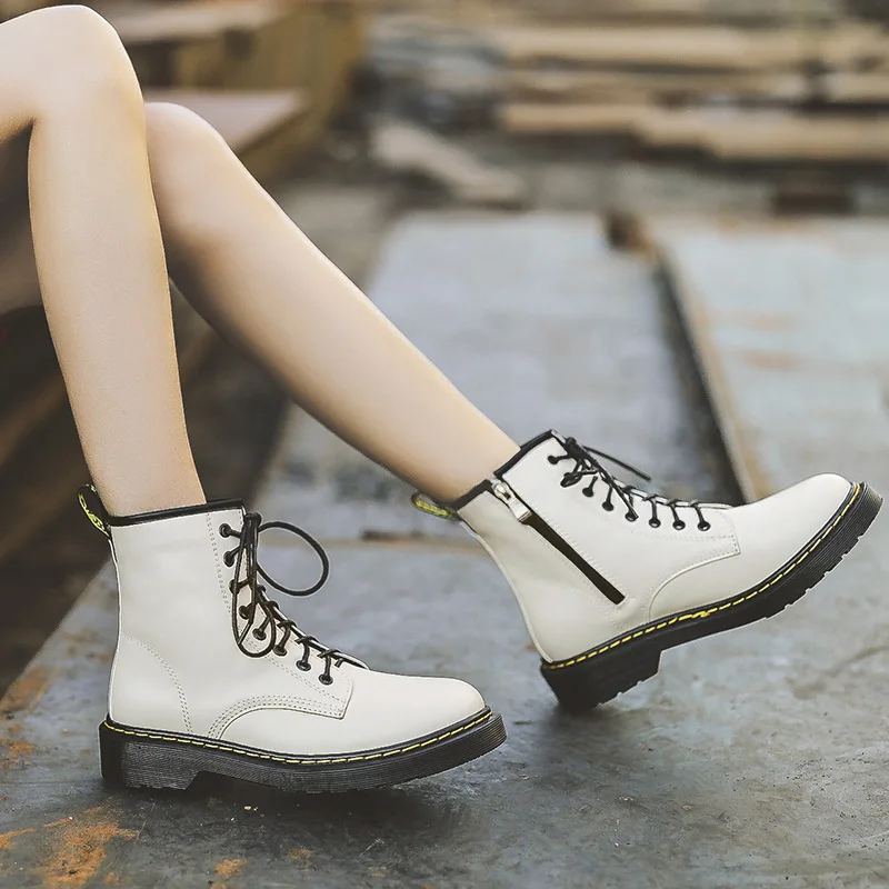 

Round Toe Brand Women's Shoes Bootee Woman 2019 Rubber Boots Zipper Lace Up Fashion Rain Med Ankle Rock Hoof Heels Solid PU