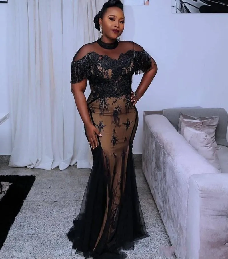

African Mermaid Evening Dresses With High Neck Sheer Lace Appliques Tassel Plus Size Prom Dresses Formal Dress vestidos