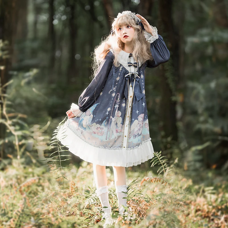 

Japanese sweet lolita dress retro lace bowknot o-neck cute printing high waist victorian dress kawaii girl gothic lolita op cos