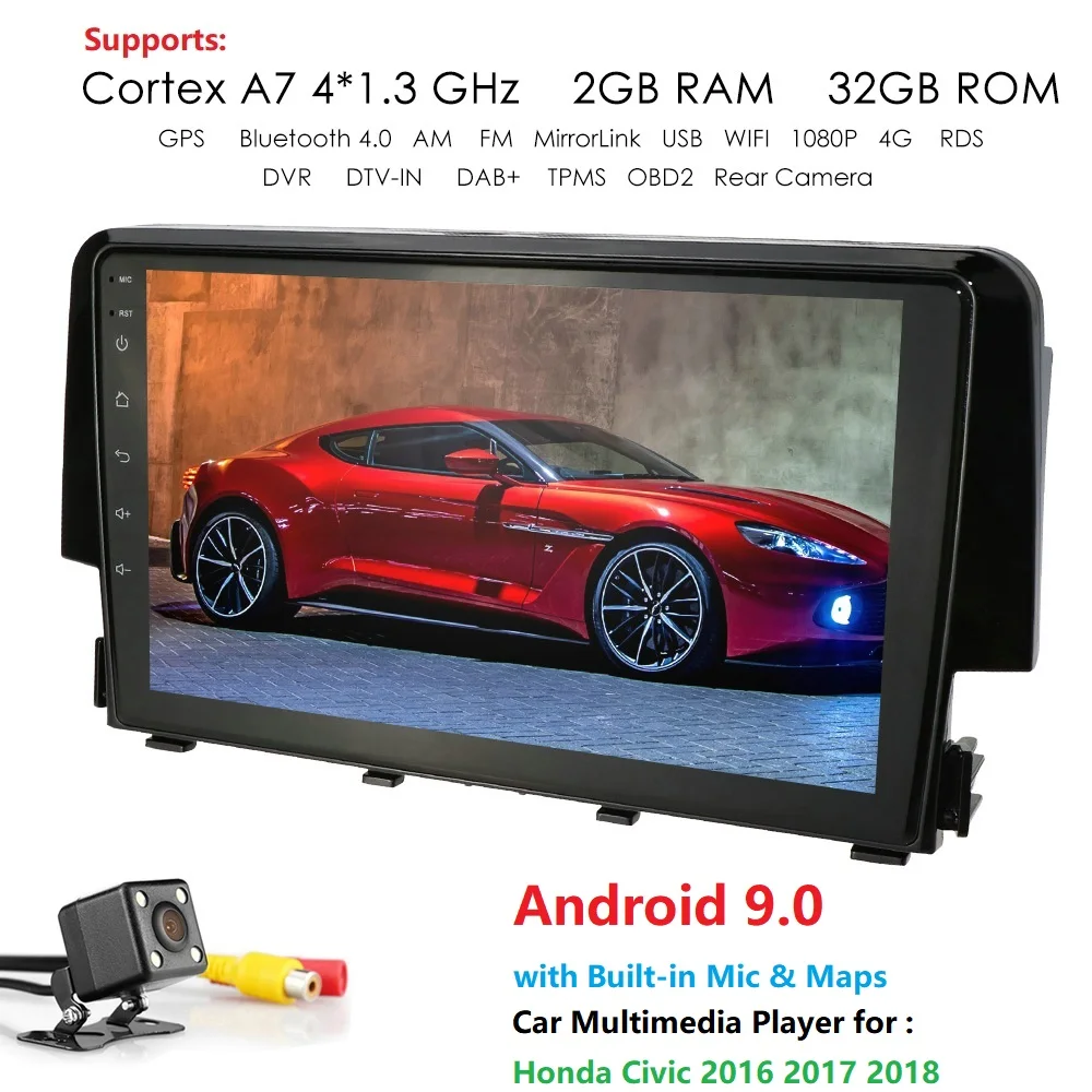 

Ossuret Quad Core Car Multimedia Player Android 9.0 for Honda Civic 2016 2018 2018 9'' Car GPS Navigation RDS WIFI 4G SWC DVR