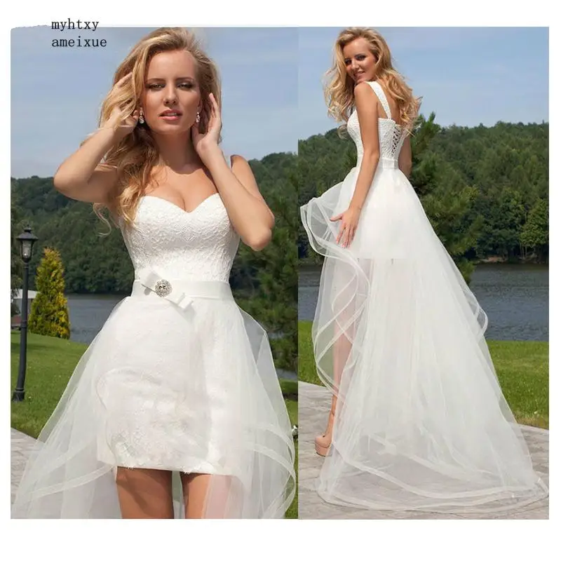

2019 Princess Cheap Lace Wedding Dress Sweetheart Detachable Train Gown Sleeveless Boho Short Skirt Beach Bride Simple Plus Size