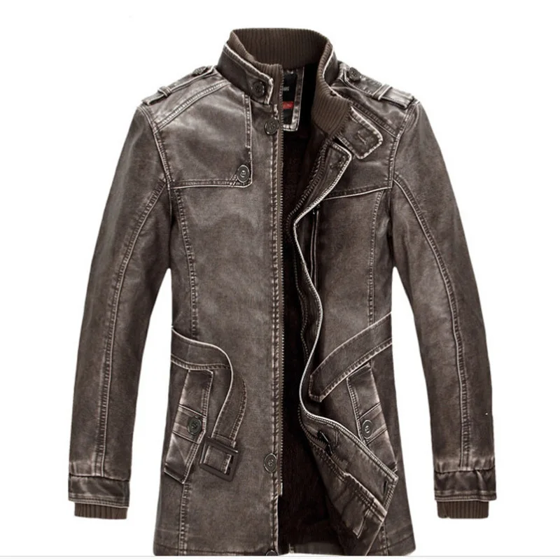 

Europe And America Men's Locomotive Washing 2018 Stand Collar Versatile Fashion plus Velvet Mid-length PU Leather