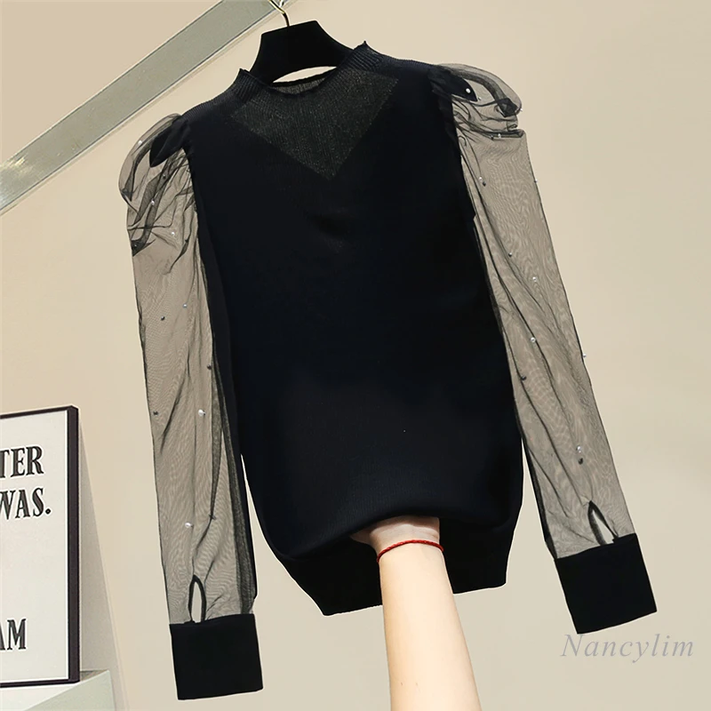 

Turtleneck Sweater for Woman Beaded Long Sleeves Bottoming Knitwear 2020 Autumn Winter New Lady's Chic Top Slim Fit White Black