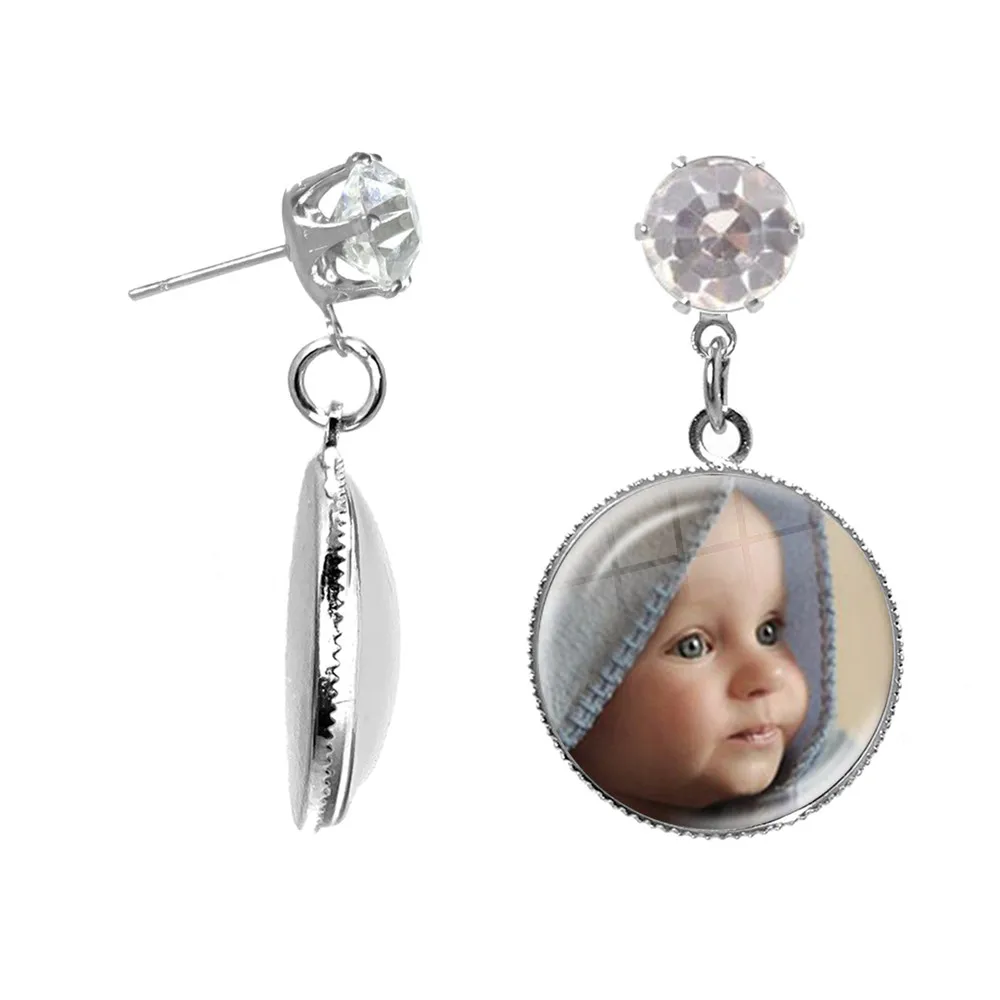 Photo-Drop-Earrings Custom Name Girls Women Jewelry Personalized Round Glass for New