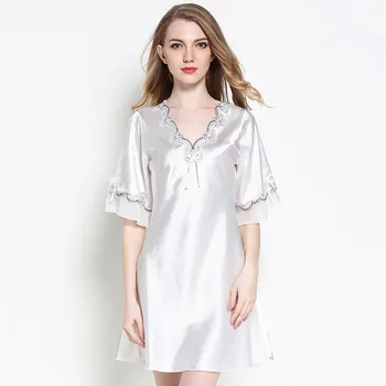 

Sexy Female Nightdress Nightgown Embroidery Half Sleeve Nightwear Sleepwear Casual Loose Bathrobe Gown Silky Satin Plus Size