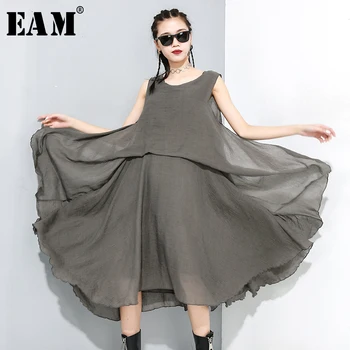 

[EAM] Women Black Transparent Layers Split Dress New Round Neck Sleeveless Loose Fit Fashion Tide Early Spring 2020 1M888