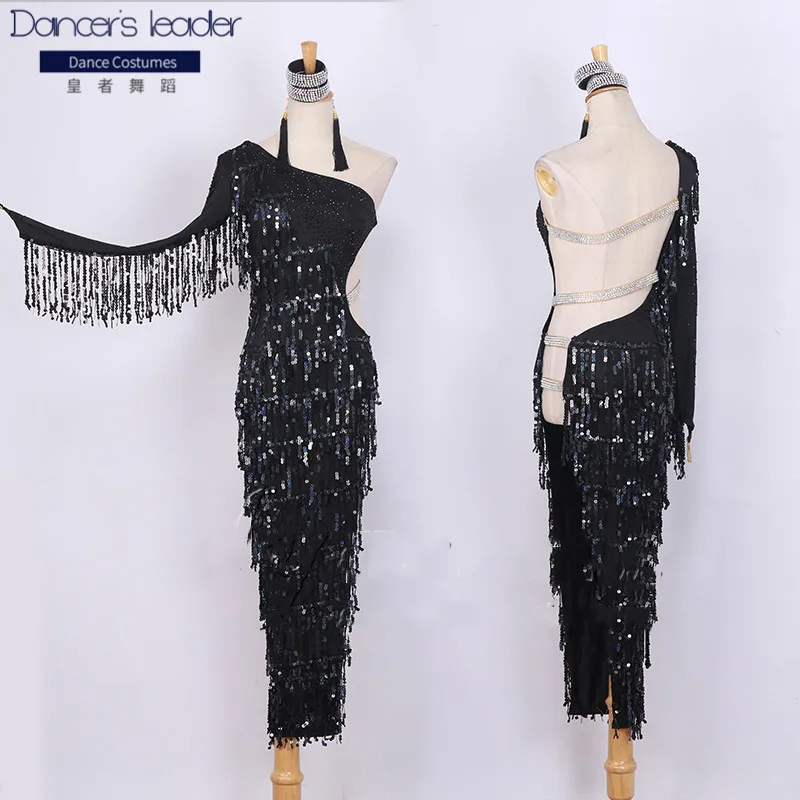 

New style latin dance tassel sequin dress woman competition suit black slim long dress sideways sexy lace ladies prom dress