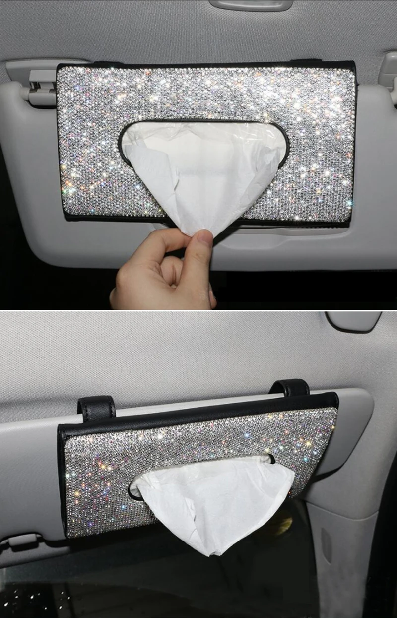 Bling Crystal Car Tissue Box Sun Visor Multi-function Diamond Leather Tissue Box Paper Holder Cover Sunvisor Hanging Napkin Box