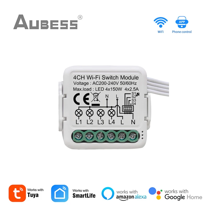 Modulo Switch Wifi Aubess Tuya Con 1/2/3/4 Gang 2 Way Control, Smart Life Smart Home Breaker Ptor Funziona Con Alexa Google Home