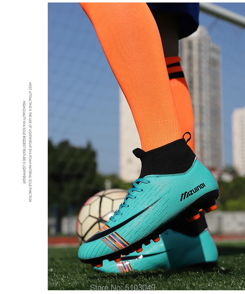 MenIndoor газон Futsal детский футбольный обувь футбольные бутсы Бутсы длинные шипы TF шипы лодыжки высокие кроссовки мягкие