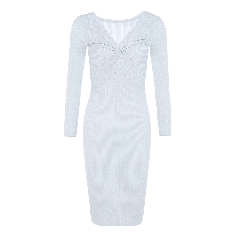 Зимнее женское длинное платье свитер трикотажное облегающее с глубоким V