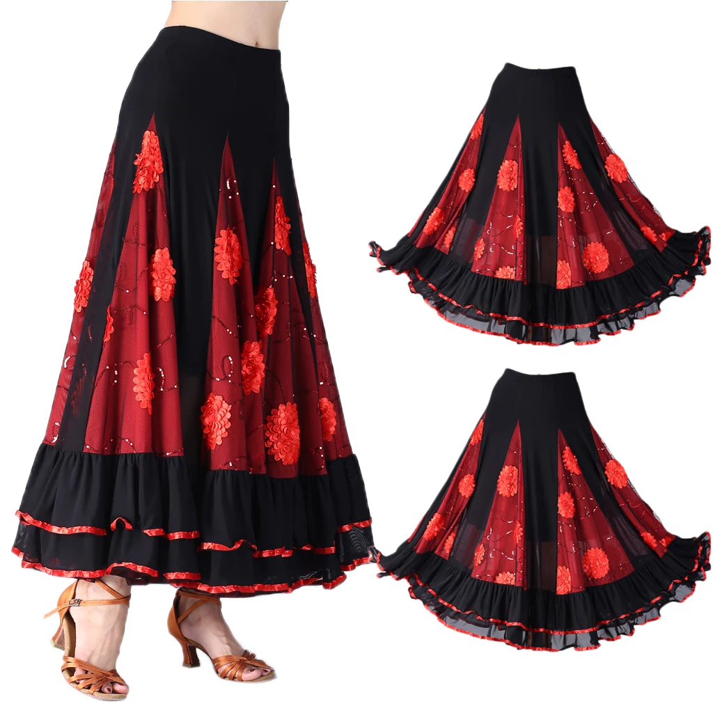 2 x Flamenco Ballroom Waltz Dance Swing Skirt Sequined Floral Party Dress Red
