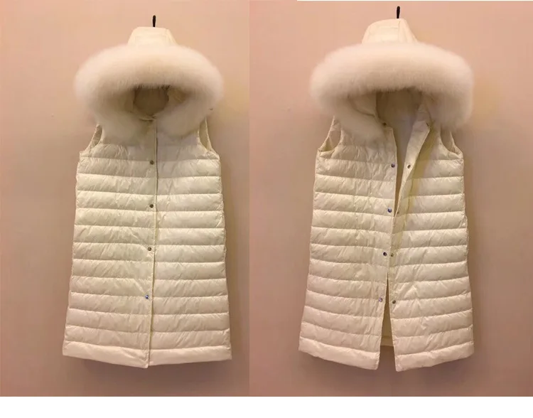 New Style Korean-style Fox Large Fur Collar Hooded down Vest Light& Fashionable Mid-length Waistcoat