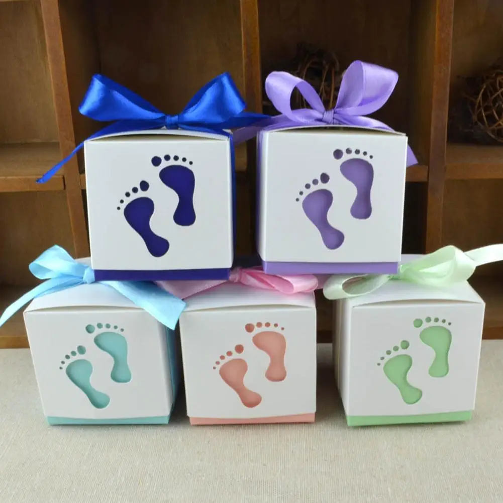 

10Pcs Baby Shower Footprint Gift Box Candy Boxes Favor Gift Packaging Paper Box Holder Ribbon Birthday Gift Case Party Supplies