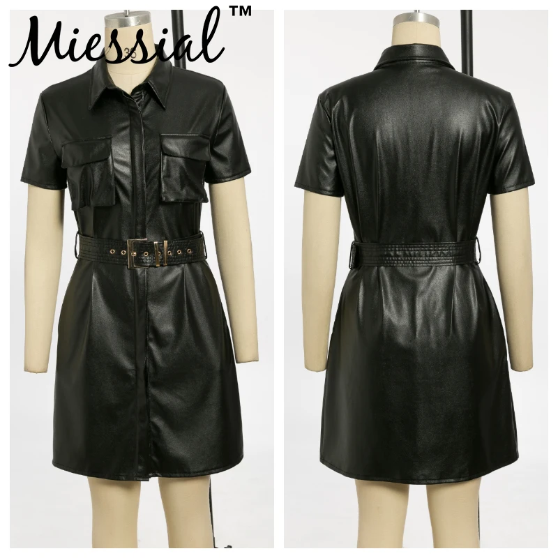 Miessial, женское офисное платье из искусственной кожи с черным поясом, женская верхняя одежда с коротким рукавом, модное платье миди, весеннее сексуальное элегантное вечернее платье