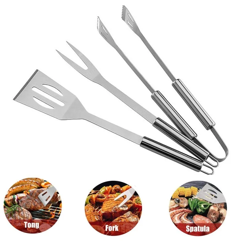 3Pcs/Set Stainless Steel Barbecue Grilling Tools Set Tongs Fork Spatula for Camping Cooking Kitchen