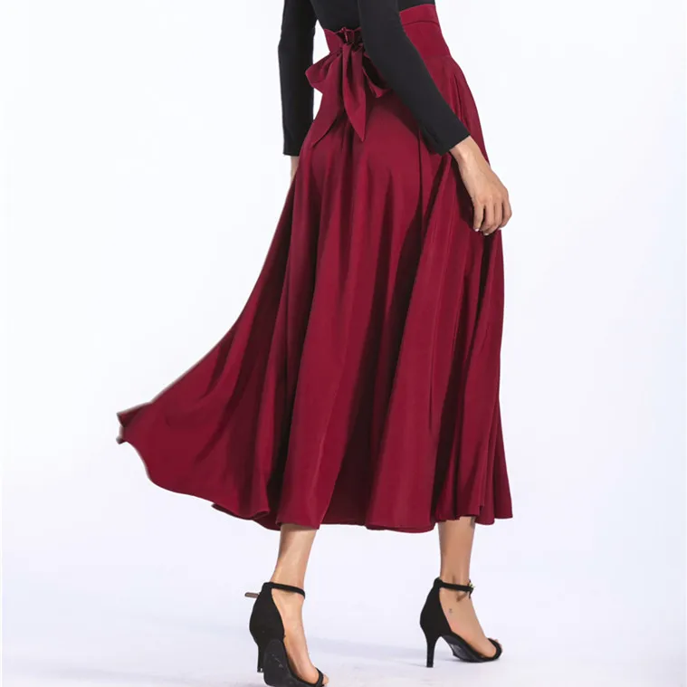 wine red TOTOB Женская длинная юбка макси с разрезом винтажная Женская модная плиссированная Расклешенная юбка с карманами на шнуровке с бантом размера плюс 4XL - Цвет: wine red