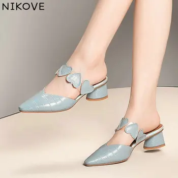

NIKOVE 2020 Pointed Toe Summer Women Pumps Shoes Leather+PU Heart Shaped Med Heel Slingback Casual Fashion Shoes Size 34-42