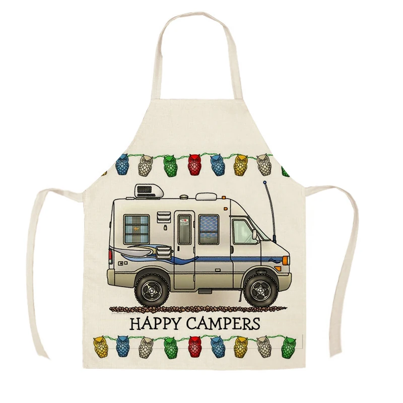 1Pcs Kitchen Apron Sketch Campers Car Printed Sleeveless Cotton Linen Aprons for Men Women Home Cleaning Tools WQ358