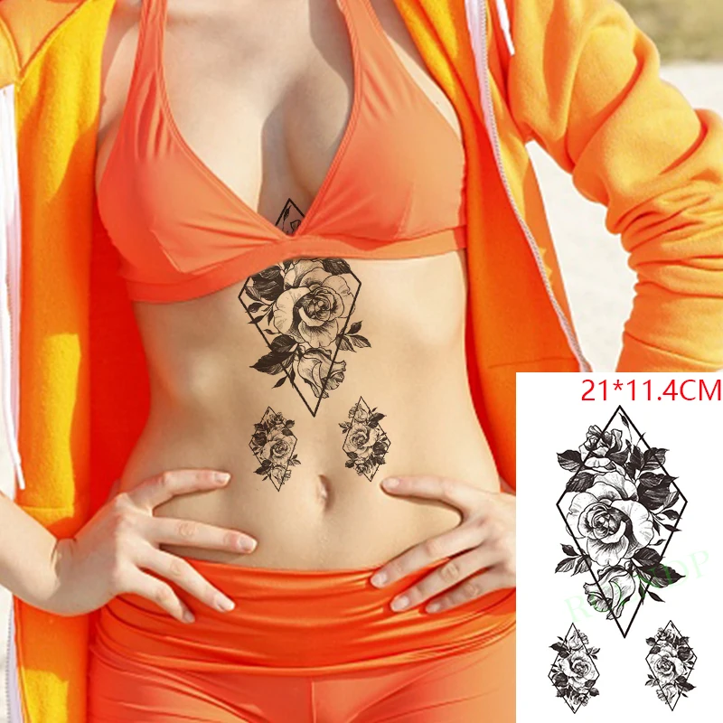 

Водостойкие временные тату-наклейки, роза, цветок, большой геометрический фальшивый тату флэш-тату, искусство рук, спины, ног для женщин и мужчин