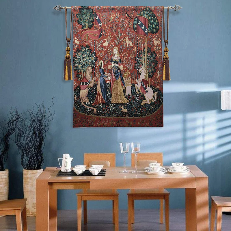 

Medieval Tapestry My Seul Desir Painting Hearing Smell Sight Theme Donna Unicorn and Lion Bedroom Decoration